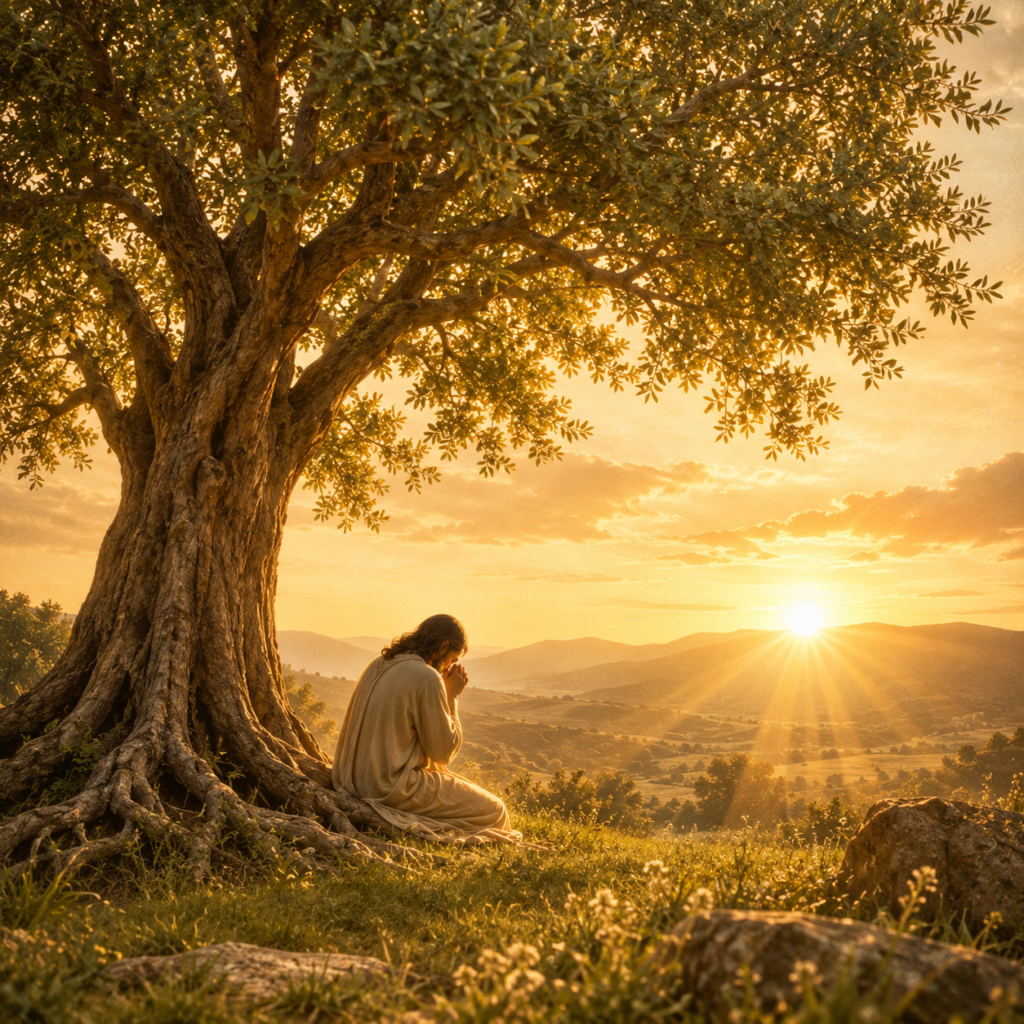 praying beneath tree